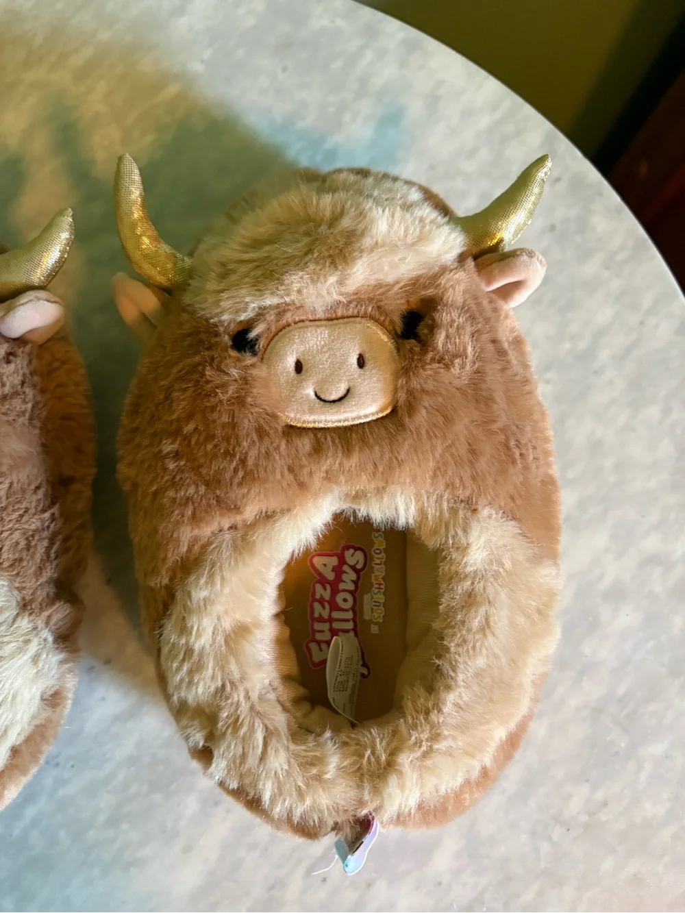 Squishmallows NWOT Brown/Tan Bull Slippers with Gold Horns